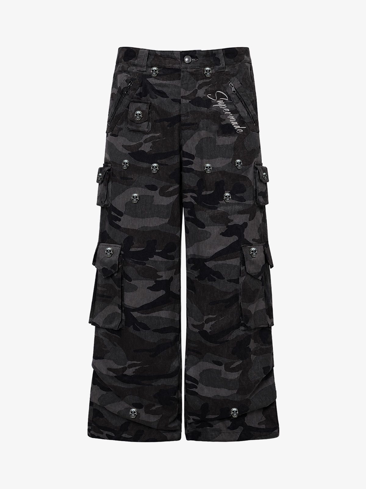 Dark Camo Cargo Pants with Skull Rivet Detail