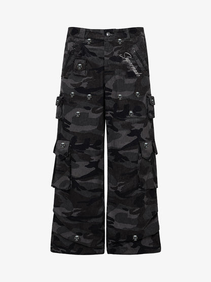 Dark Camo Cargo Pants with Skull Rivet Detail