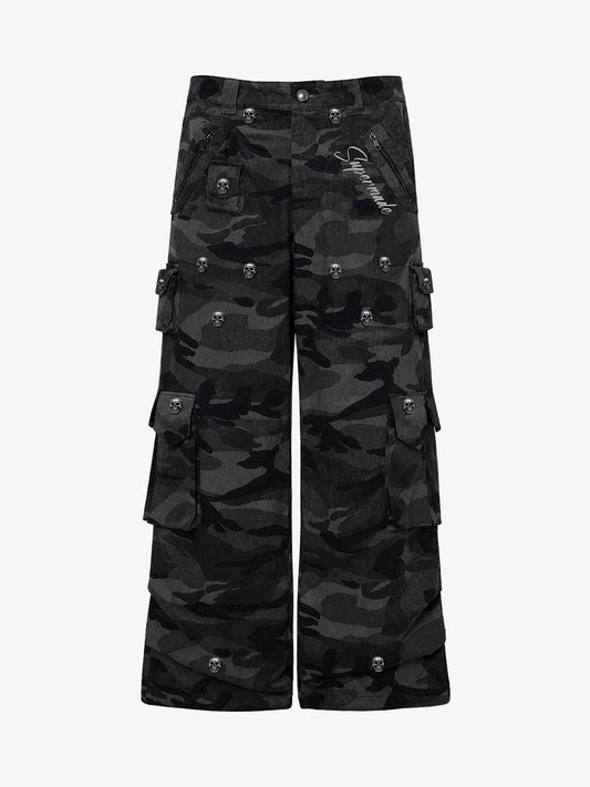 Dark Camo Cargo Pants with Skull Rivet Detail