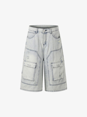 Distressed Denim Cargo Shorts