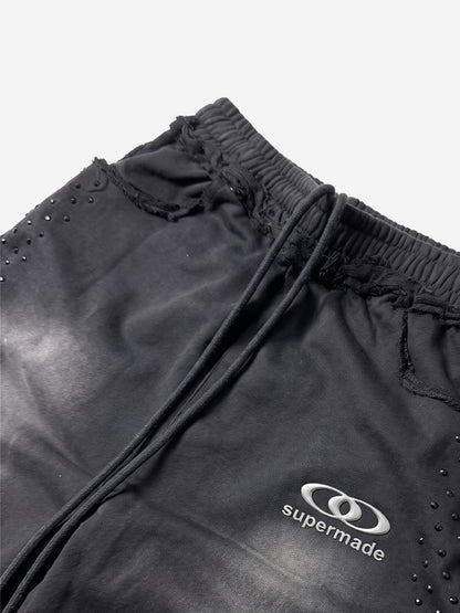 Washed Distressed Rhinestone Trim Sweatpants