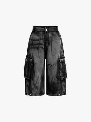 Grunge Wash Cargo Denim Shorts