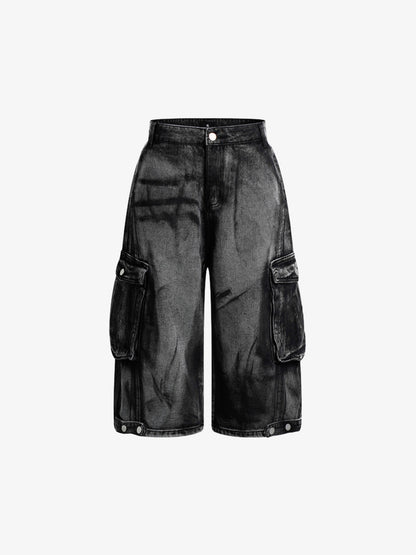 Grunge Wash Cargo Denim Shorts