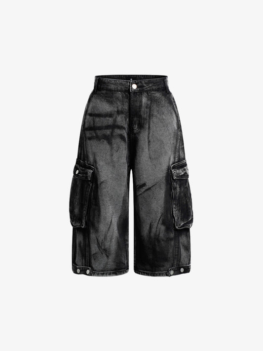 Grunge Wash Cargo Denim Shorts