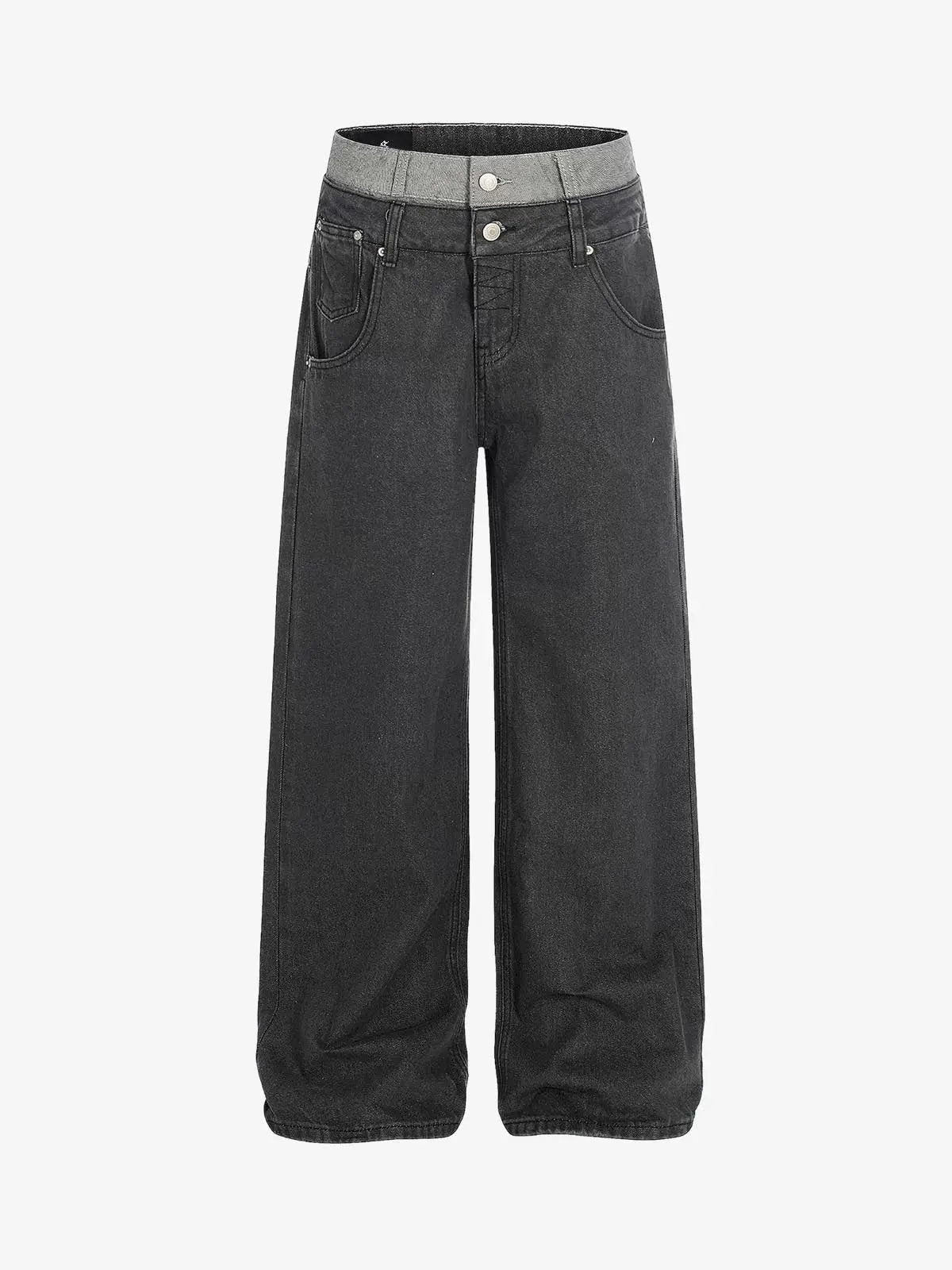 Vintage Washed Layered Waist Wide Leg Denim Jeans 