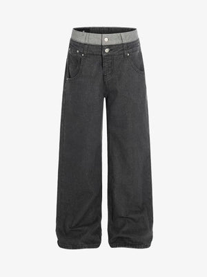 Vintage Washed Layered Waist Wide Leg Denim Jeans 
