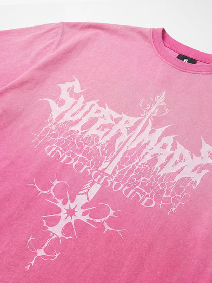 Thesupermade-Unisex Loose-fit Gradient Pink And Black Street Punk T-shirt With Gothic Pattern Print, Suitable For Street 
