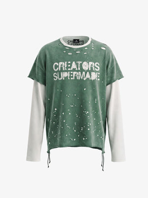 Faux Two-Piece Distressed Long Sleeve Tee