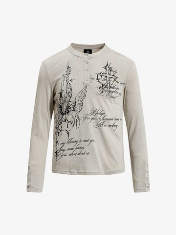Gothic Angel Graphic Long Sleeve Henley T-Shirt 
