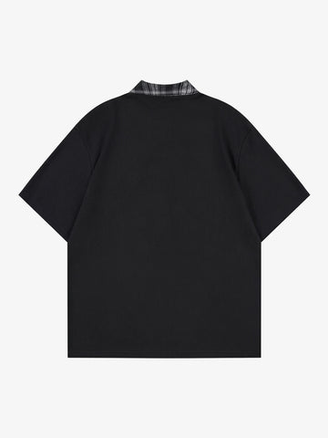 Plaid Scarf Sleeve Waffle Shirt with Letter Embroidery