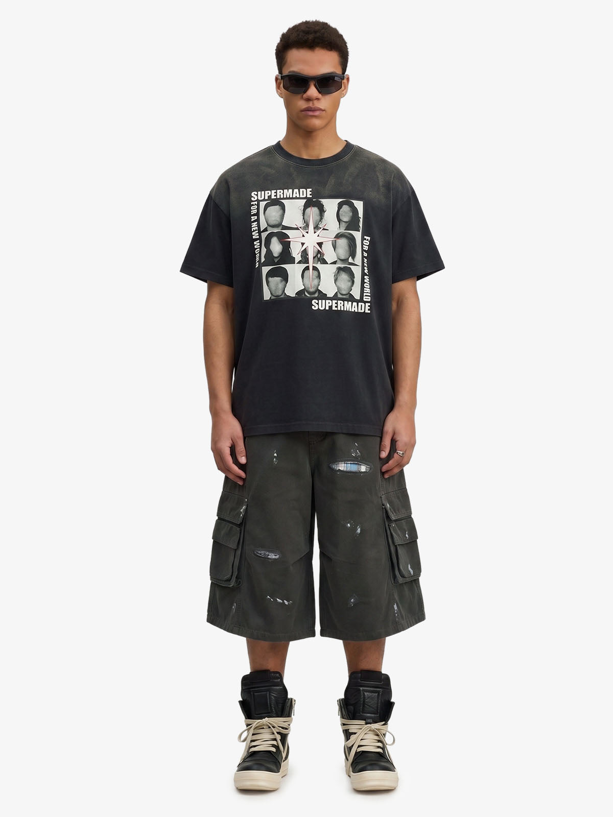 Vintage Distressed Multi Pocket Wide Leg Cargo Shorts