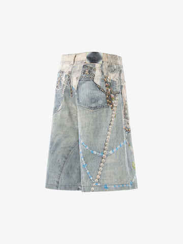 Jewelry Pearl Graphic Print 3D Effect Denim Shorts 