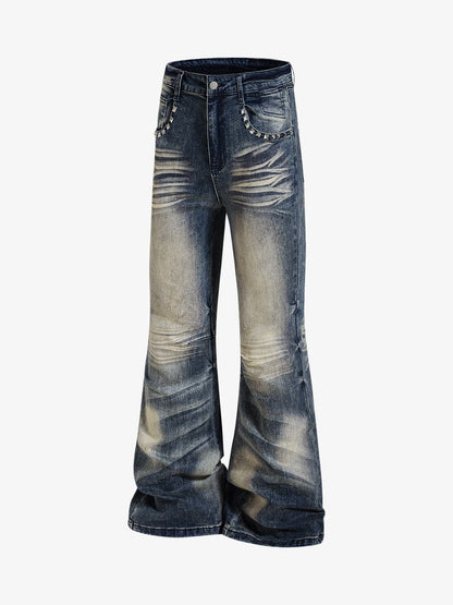 Denim Wide-Leg Flared Jeans with Stud Details for Women 