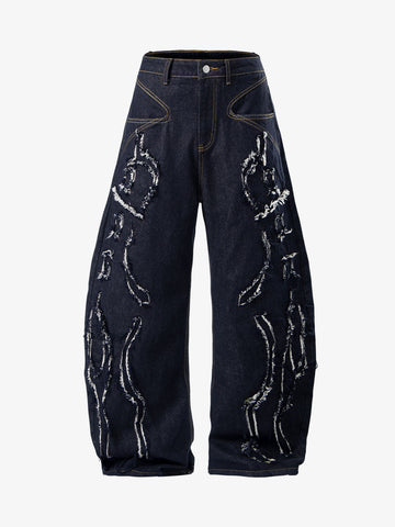 Totem Applique Raw Hem Barrel Baggy Jeans