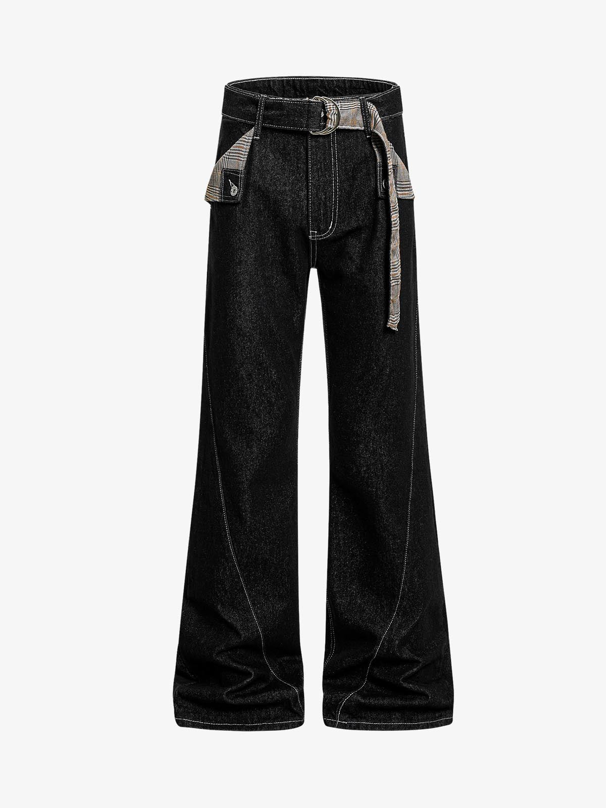 Vintage Plaid-Trim Tape-Belt Jeans 