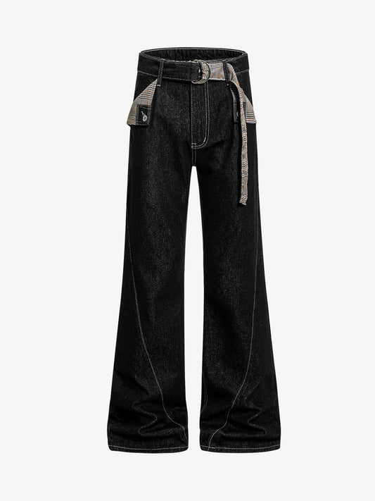 Vintage Plaid-Trim Tape-Belt Jeans 