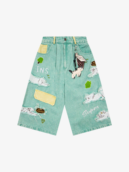 Cartoon Appliqué Denim Shorts