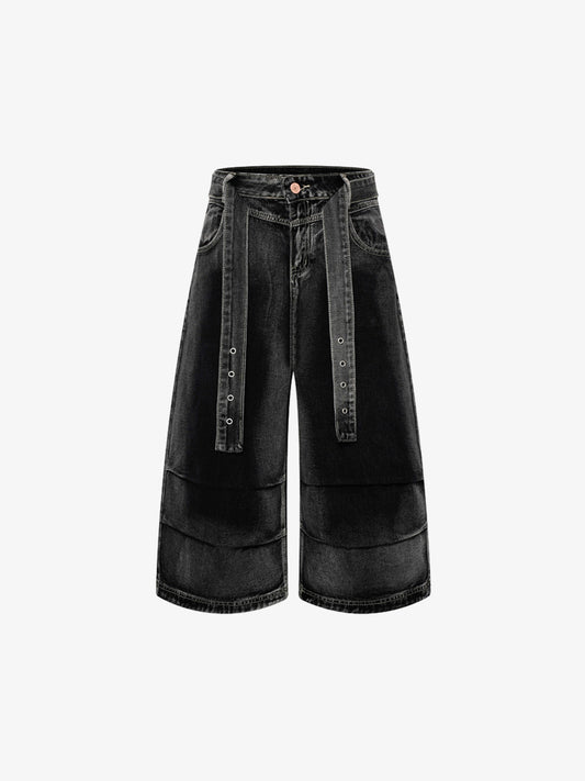 Belted Curved Seam Wide Leg Jorts
