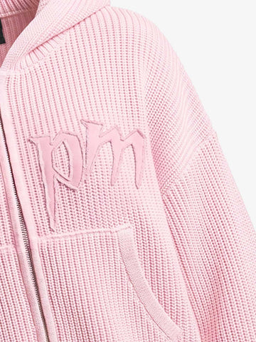 Pink Knit Fleece Zip-Up Hoodie with Embroidered Logo