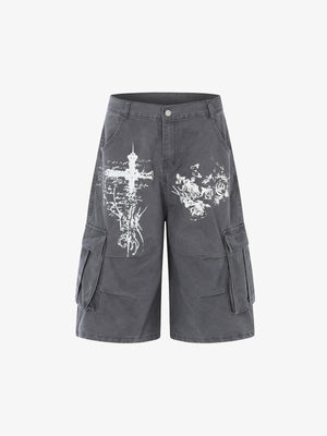 Gothic Cross Graphic Cargo Shorts