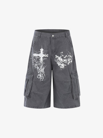 Gothic Cross Graphic Cargo Shorts