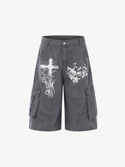 Gothic Cross Graphic Cargo Shorts