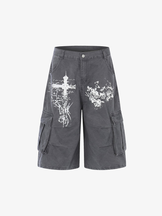 Gothic Cross Graphic Cargo Shorts