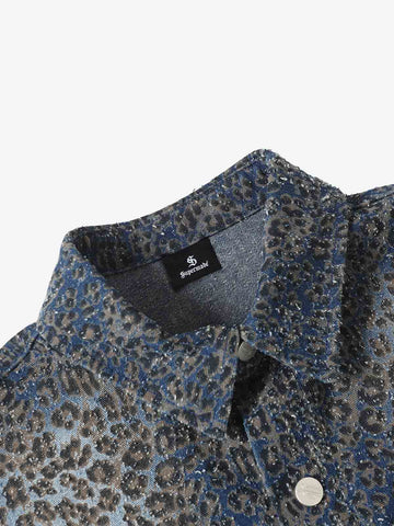 Vintage Leopard Print Washed Denim Short Sleeve Shirt 