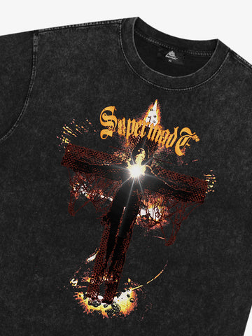 Washed Gothic Cross Graphic T-Shirt 