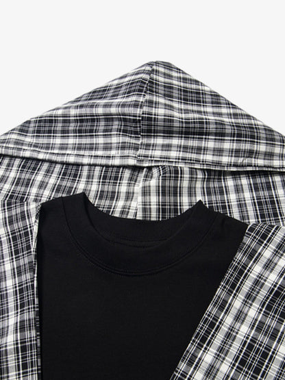 Jersey Knit Detachable Badge Hooded Plaid Cape T-Shirt 