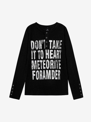 Vintage Grunge Text Print Henley Long Sleeve T-Shirt 