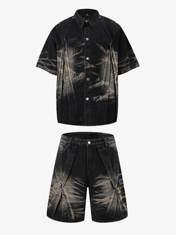 Washed Black Branch Print Deconstructed Denim Set 