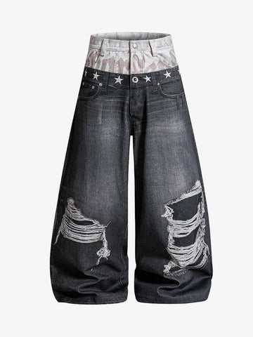 3D Faux Layer Curved Jeans