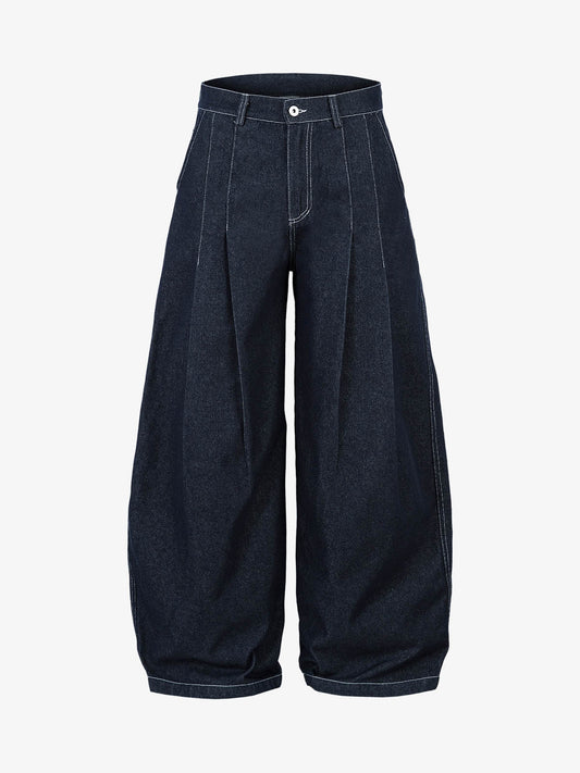 Deconstructed Contrast Stitching Pleated Baggy Barrel Jeans - 2343