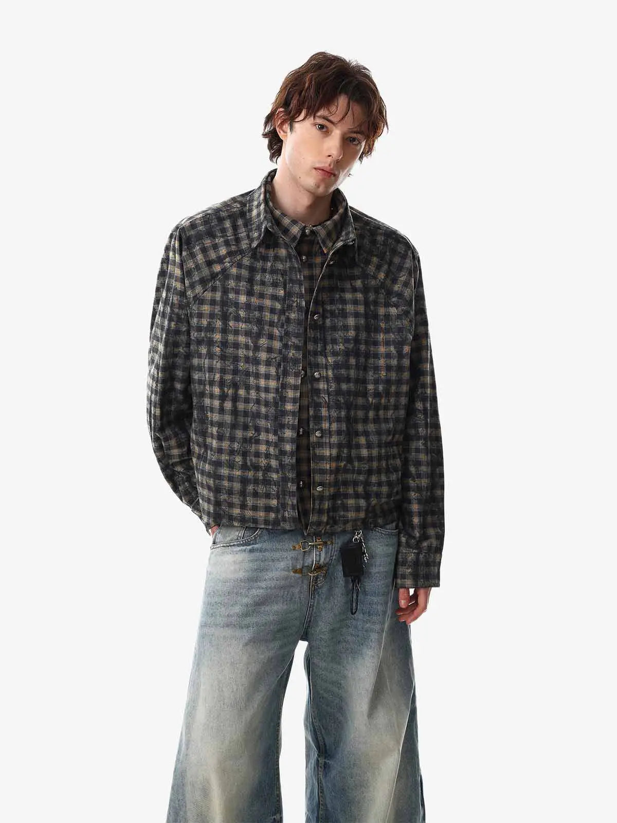 Vintage Washed Plaid Cropped Shirt Jacket 