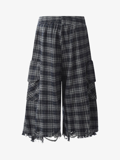 Cotton Plaid Wide Leg Culottes with Frayed Hem and Cargo Pockets 