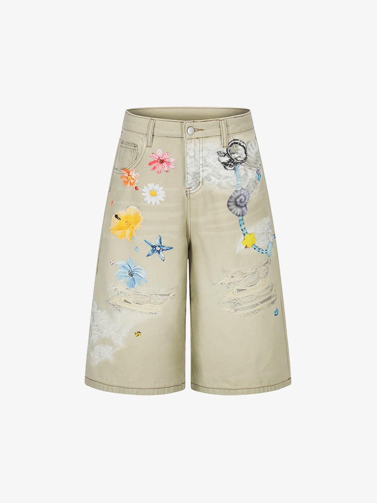 Flower Patch Distressed Denim Shorts 