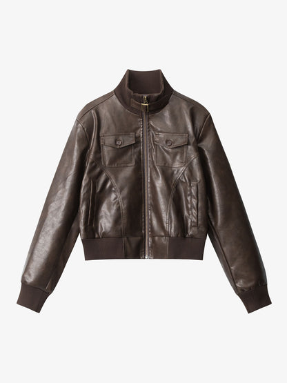 Thesupermade Faux Leather Cropped Fit Bomber Jacket