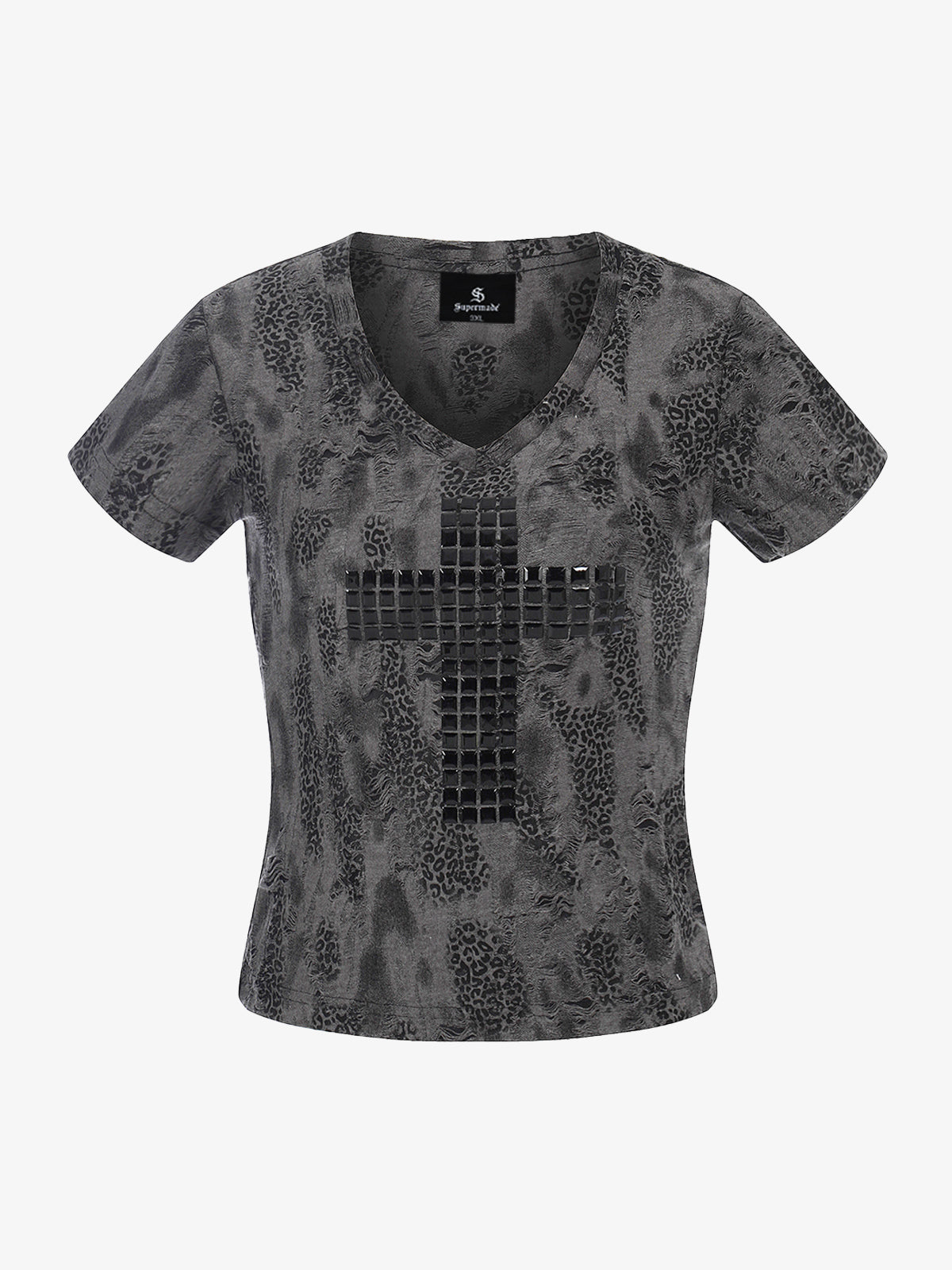 Glossy Cross Leopard Slim Fit Distressed T-Shirt 