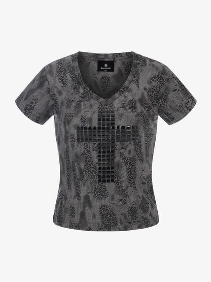Glossy Cross Leopard Slim Fit Distressed T-Shirt 