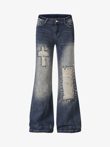 Ripped Studded Low Rise Bootcut Jeans
