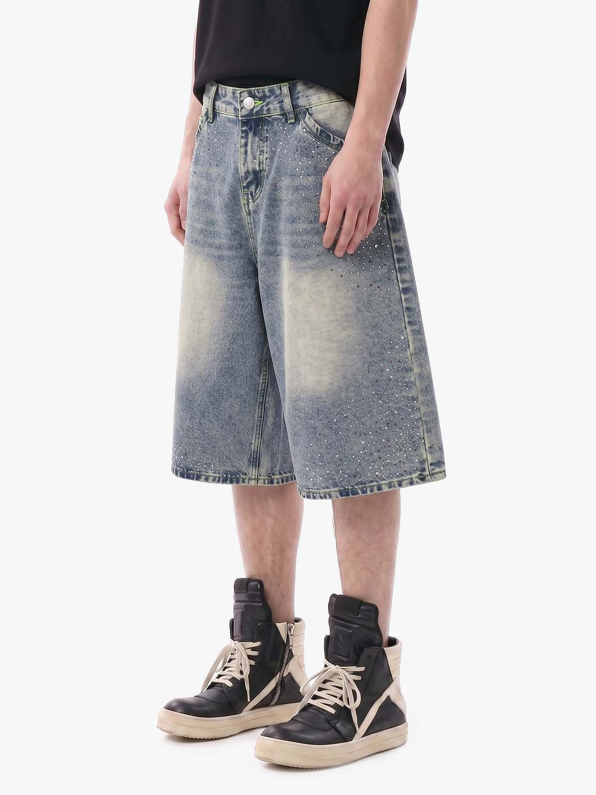 Rhinestone Distressed Denim Bermuda Shorts – Wide-Leg Cotton Streetwear Shorts