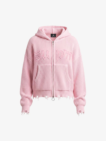 Pink Knit Fleece Zip-Up Hoodie with Embroidered Logo