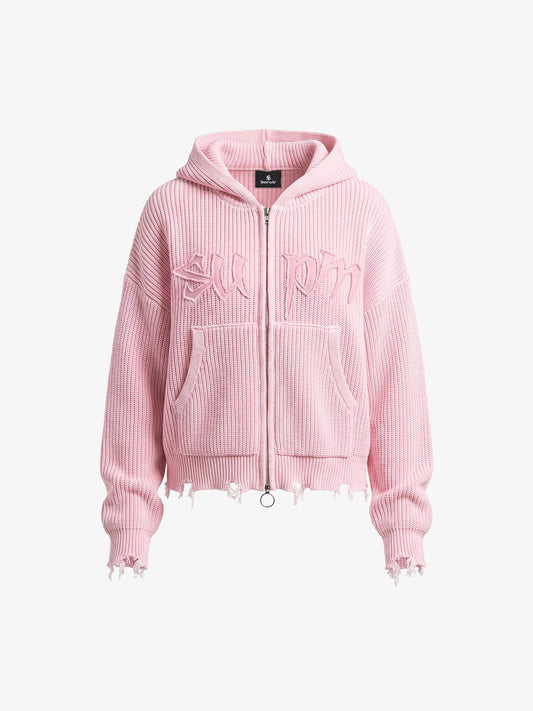 Pink Knit Fleece Zip-Up Hoodie with Embroidered Logo