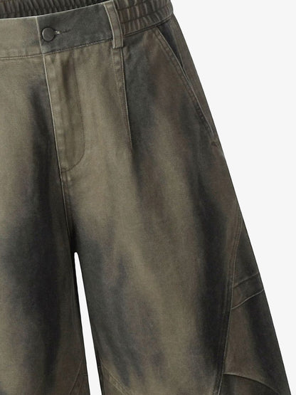 Olive Washed Wide-Leg Cargo Shorts – Cotton Twill Relaxed Fit Utility Shorts