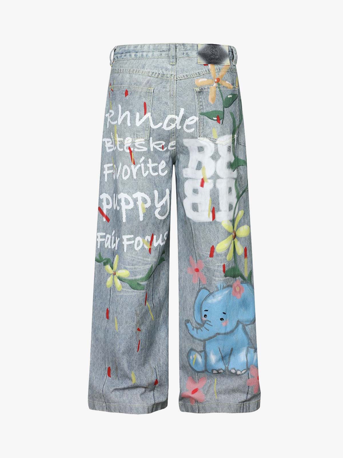 Graffiti Cartoon Animal Print Distressed Wide Leg Denim Jeans 