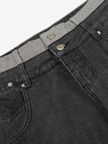 Vintage Washed Layered Waist Wide Leg Denim Jeans 