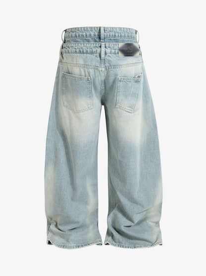 Layered Waist Vintage Washed Wide Leg Jeans 