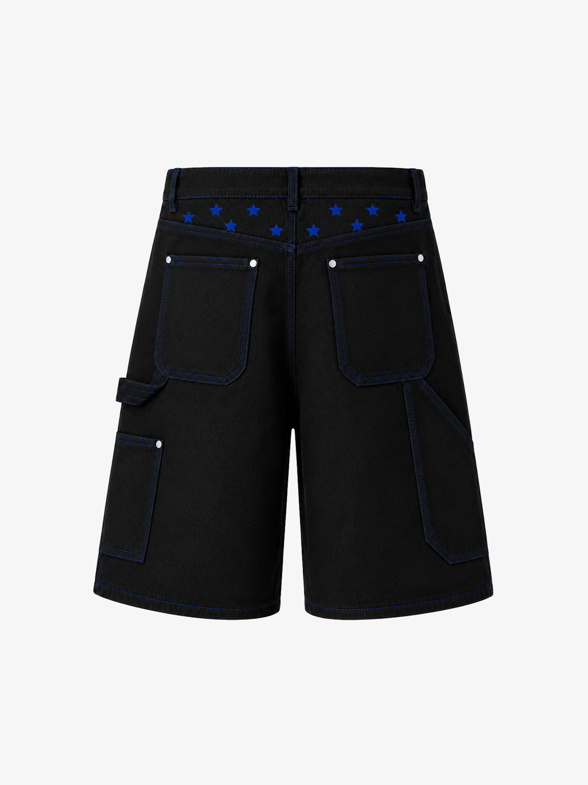 Black Utility Denim Shorts with Blue Embroidery