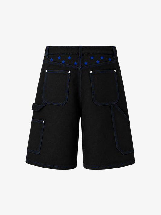Black Utility Denim Shorts with Blue Embroidery 